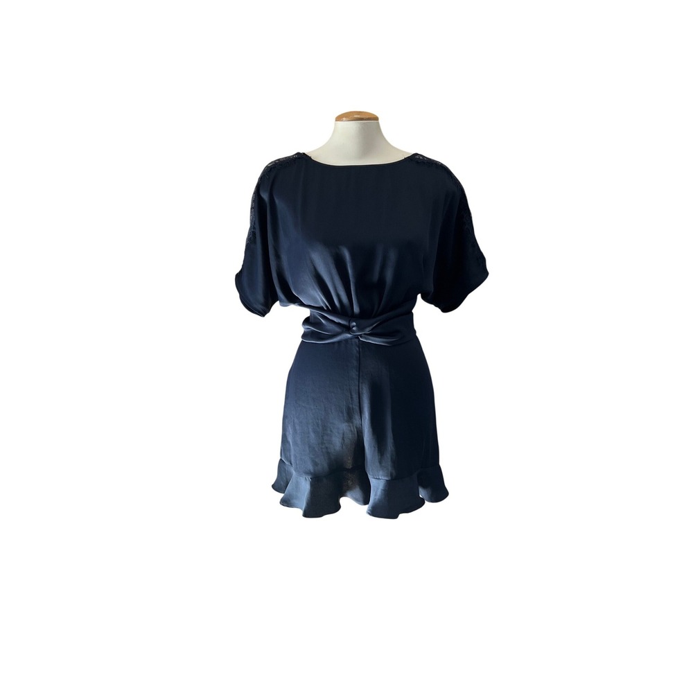 Zara‎ Basic Navy Blue Satin Open Back Romper Lace Shoulder Ruffle Hem Medium